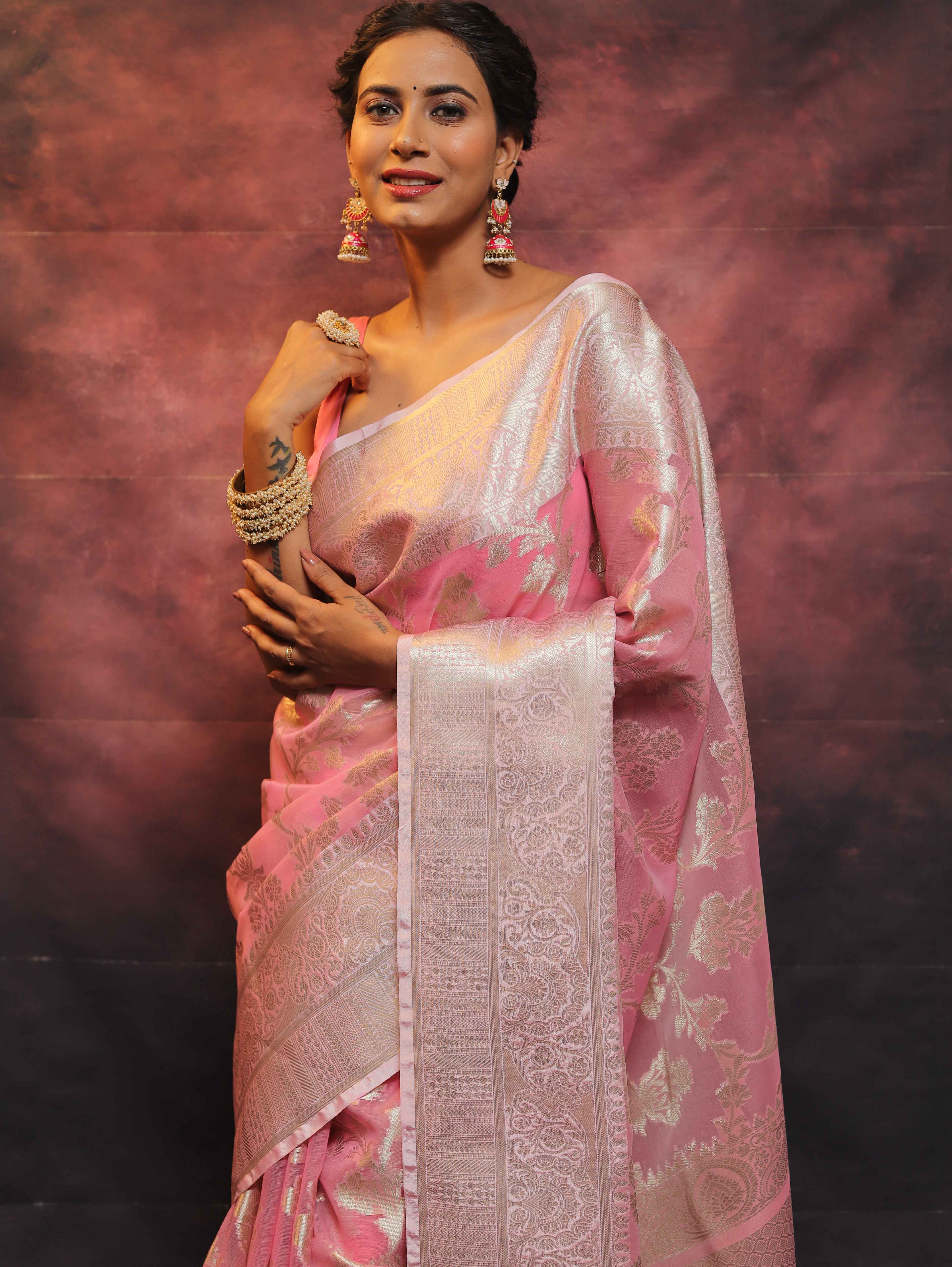 Banarasee Organza Mix Saree With Silver Zari Work-Pink
