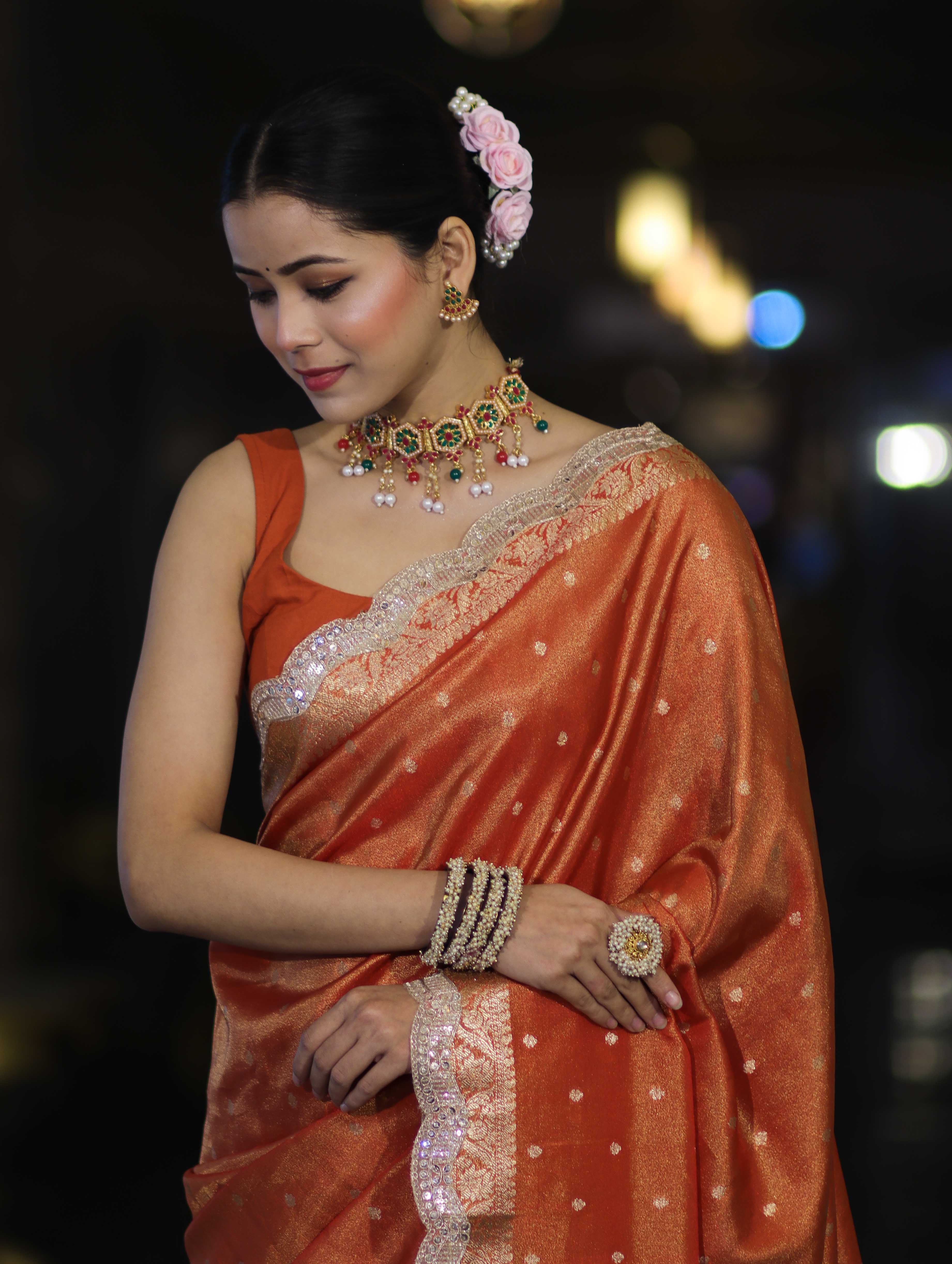 Banarasee Handloom Dual Tone Shimmer Tissue Saree With Buti Design Zari Border & Lace-Rust