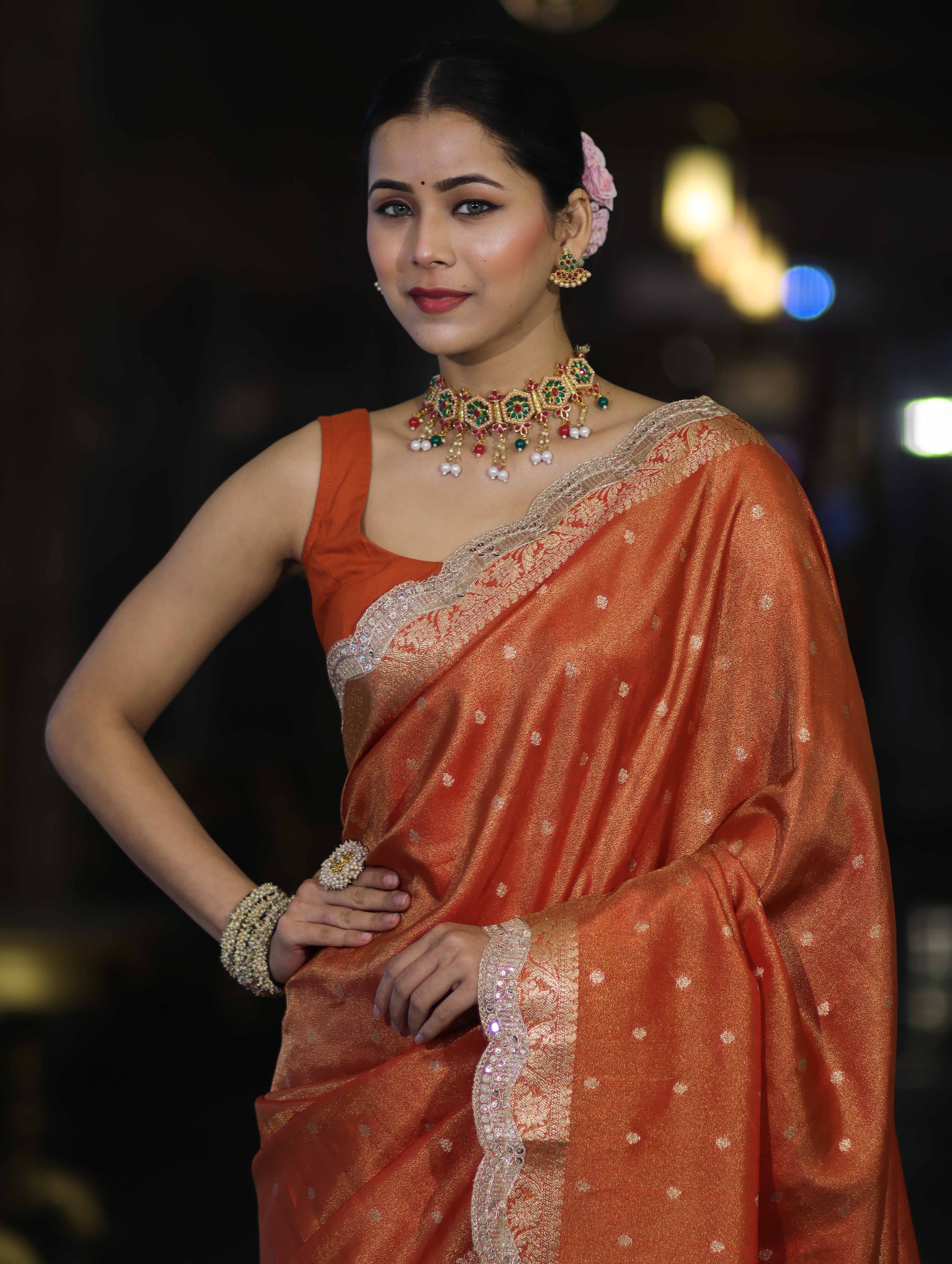 Banarasee Handloom Dual Tone Shimmer Tissue Saree With Buti Design Zari Border & Lace-Rust