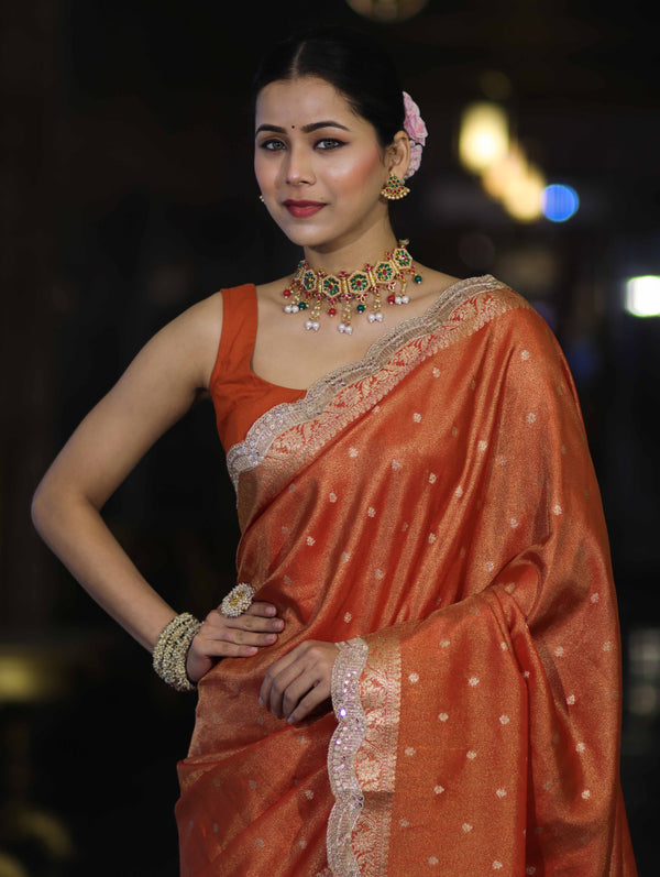 Banarasee Handloom Dual Tone Shimmer Tissue Saree With Buti Design Zari Border & Lace-Rust