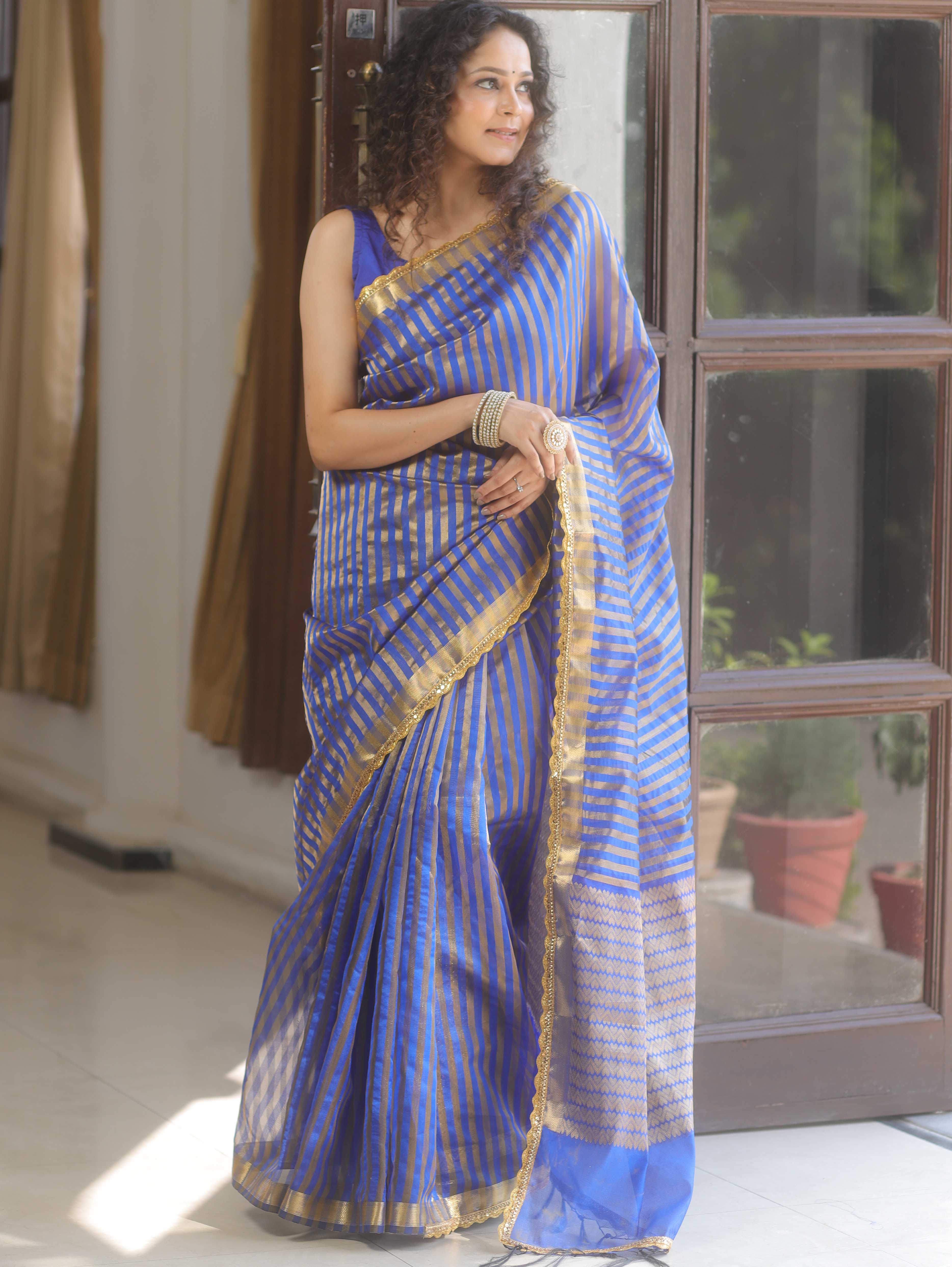 Banarasee Handwoven Striped Tissue Saree With Lace-Blue