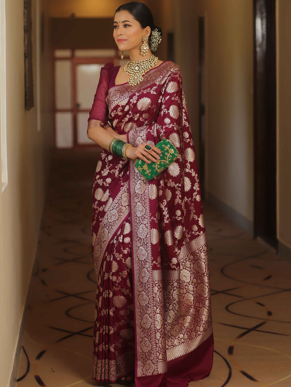 Banarasee Semi-Katan Zari Jaal Saree-Violet