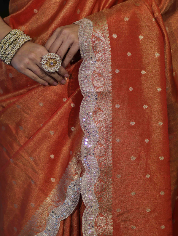 Banarasee Handloom Dual Tone Shimmer Tissue Saree With Buti Design Zari Border & Lace-Rust