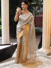 Banarasee Linen Tissue Metallic Shine Saree-Silver & Golden Yellow