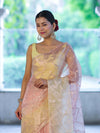 Banarasee Dual Color Organza Saree With Zari Jaal Design-Peach & Light Yellow