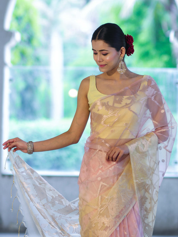 Banarasee Dual Color Organza Saree With Zari Jaal Design-Peach & Light Yellow