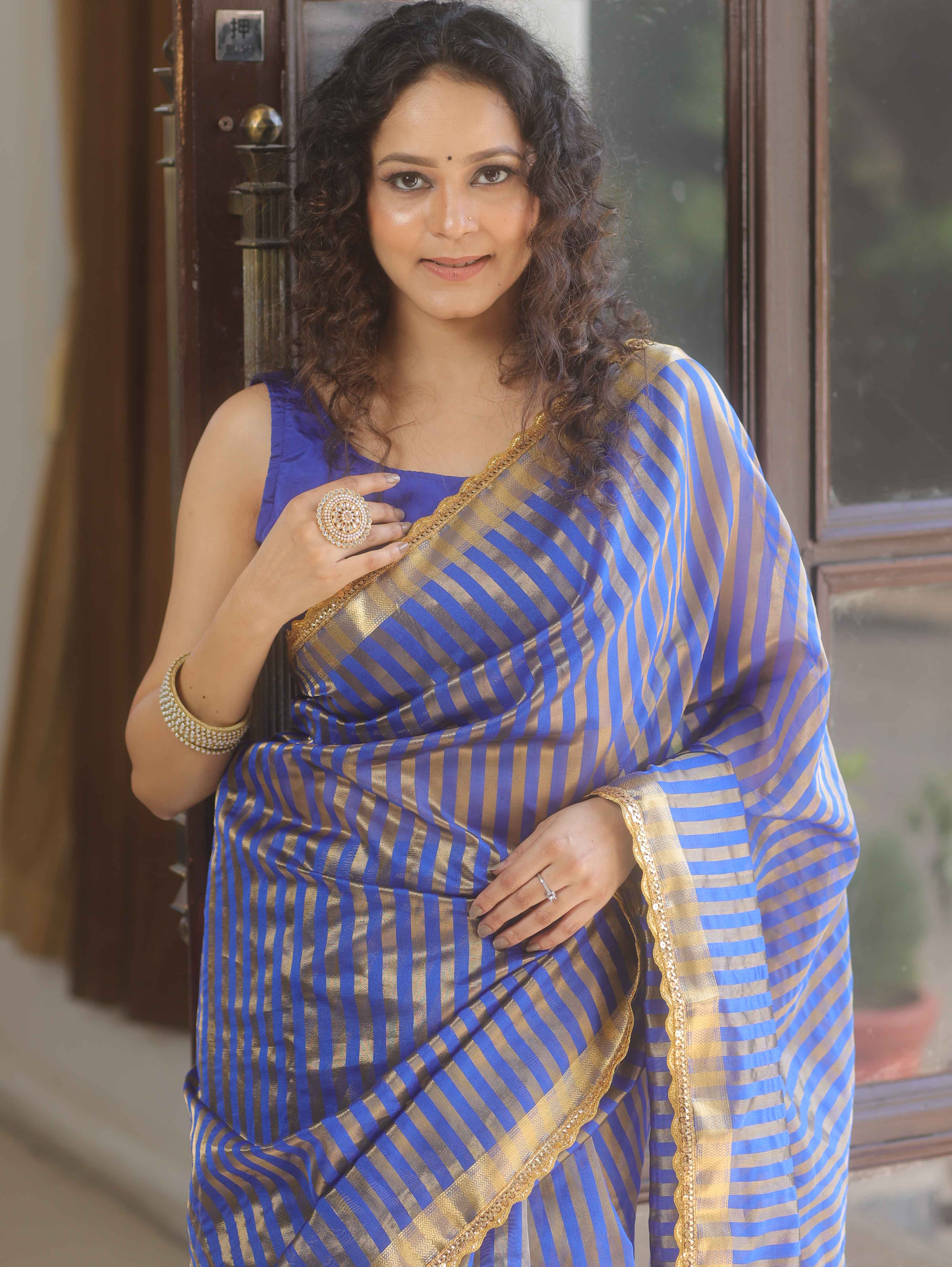 Banarasee Handwoven Striped Tissue Saree With Lace-Blue