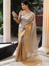 Banarasee Linen Tissue Metallic Shine Saree-Silver & Golden Yellow