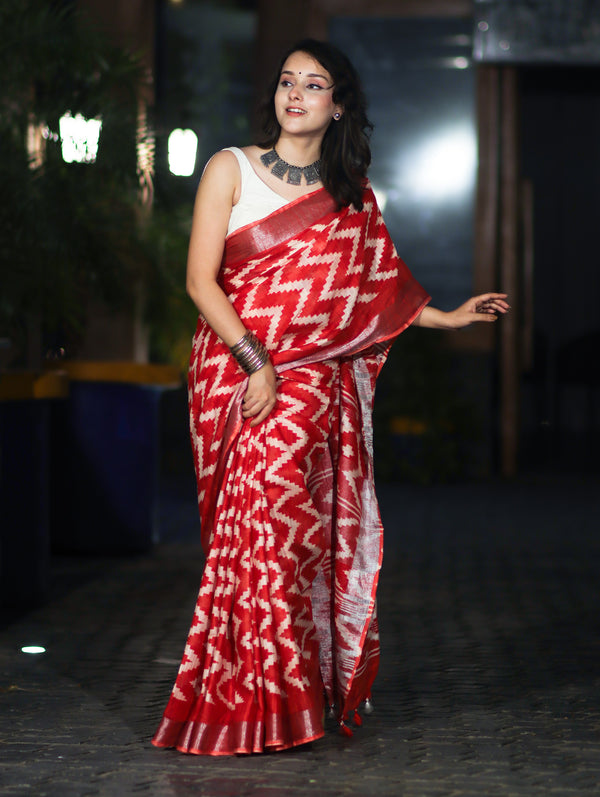 Bhagalpur Handloom Pure Linen Cotton Zig-Zag Pattern Saree-Red