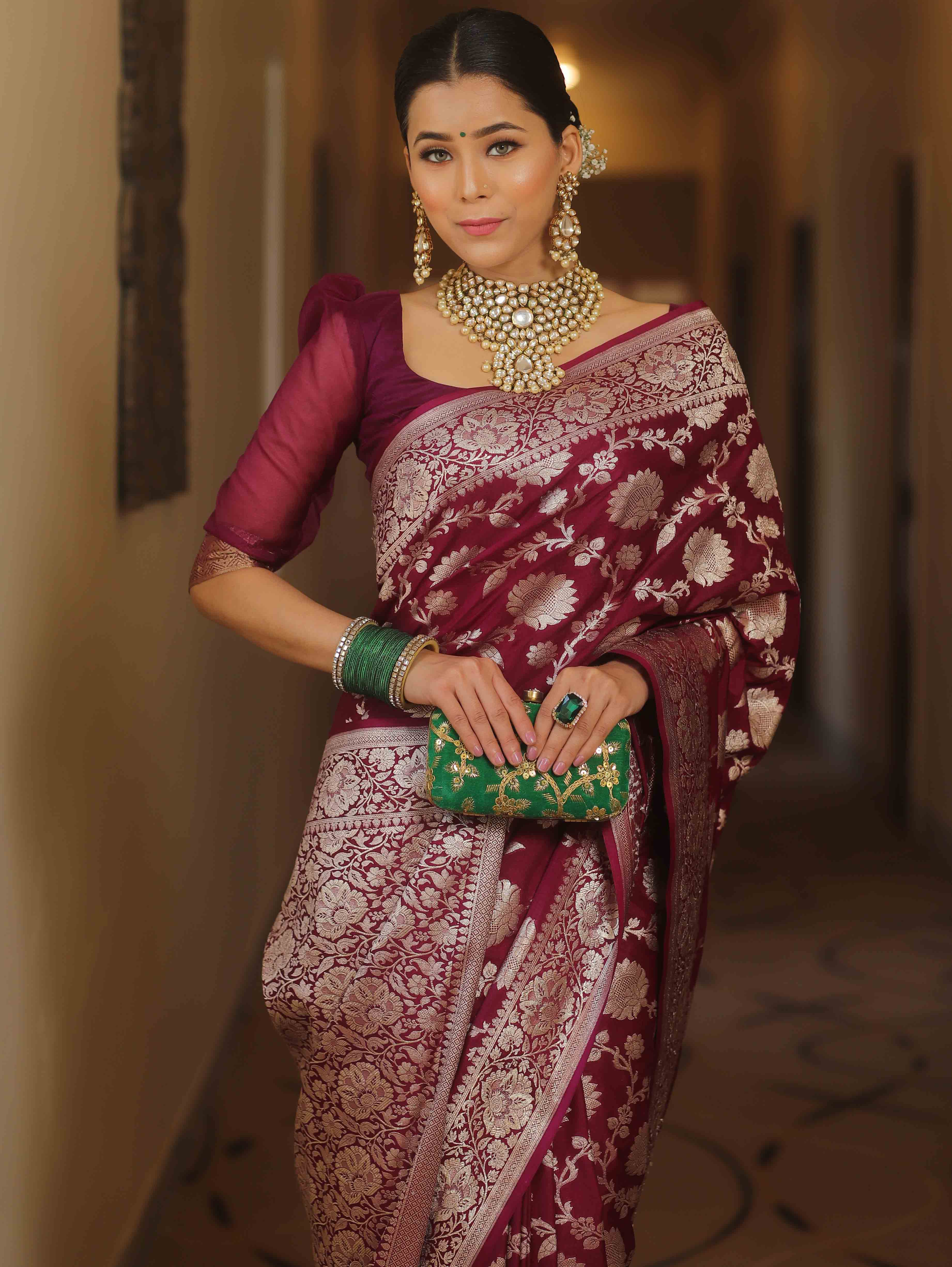 Banarasee Semi-Katan Zari Jaal Saree-Violet