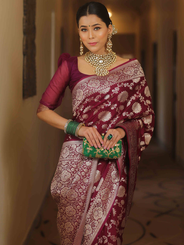 Banarasee Semi-Katan Zari Jaal Saree-Violet