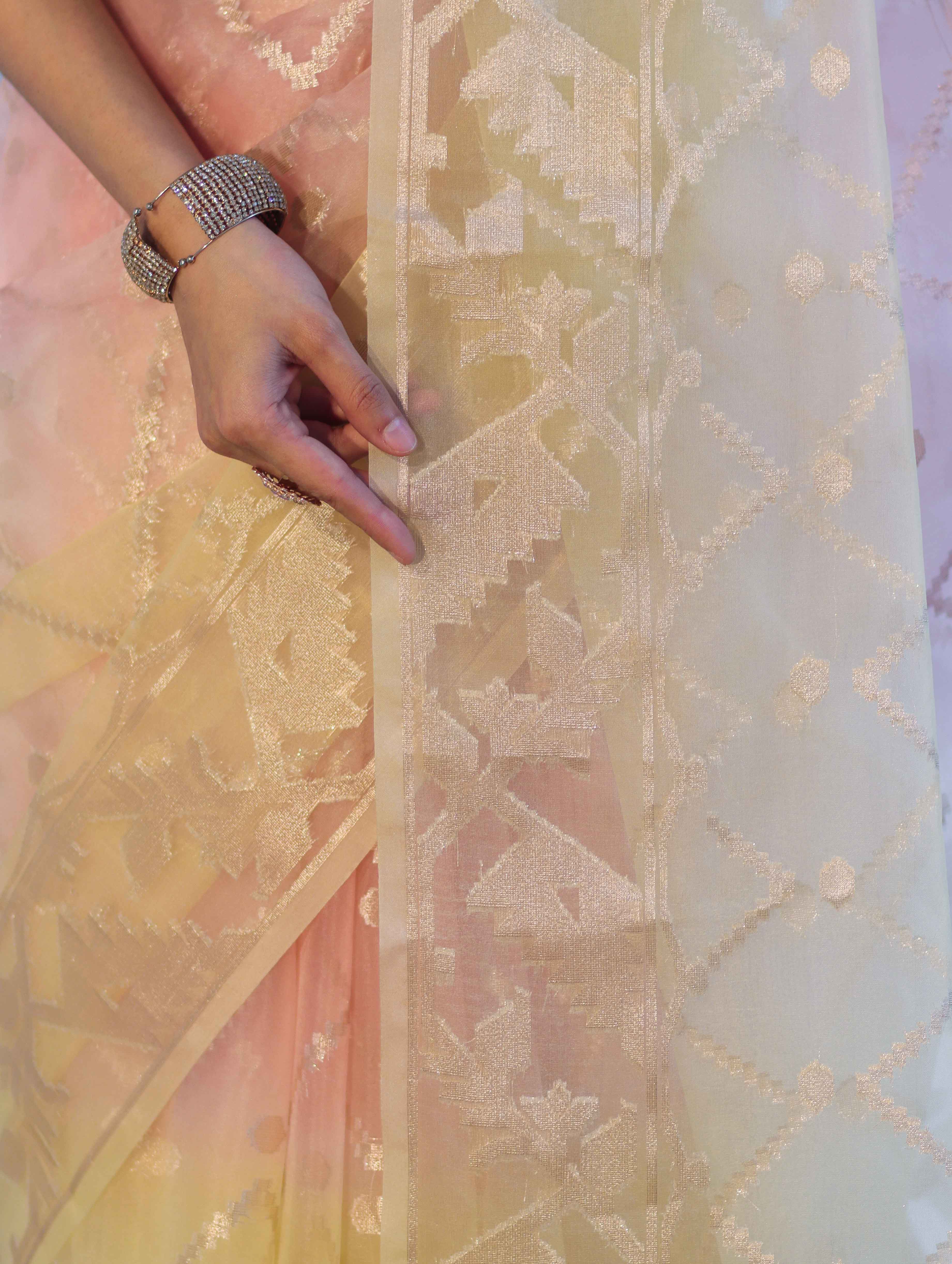 Banarasee Dual Color Organza Saree With Zari Jaal Design-Peach & Light Yellow