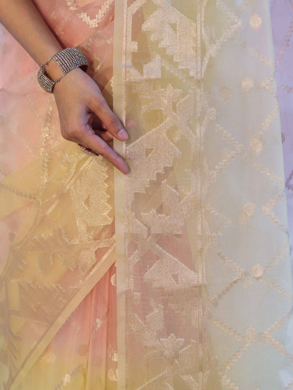 Banarasee Dual Color Organza Saree With Zari Jaal Design-Peach & Light Yellow