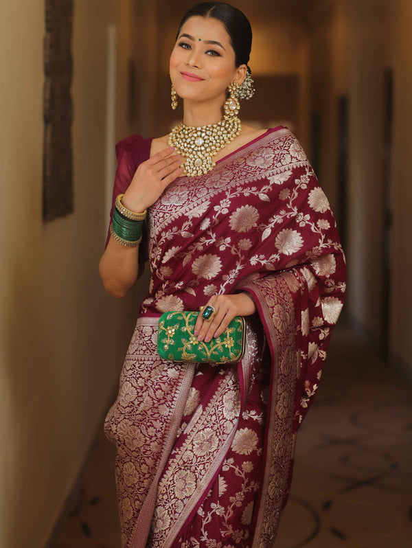 Banarasee Semi-Katan Zari Jaal Saree-Violet