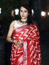Bhagalpur Handloom Pure Linen Cotton Zig-Zag Pattern Saree-Red