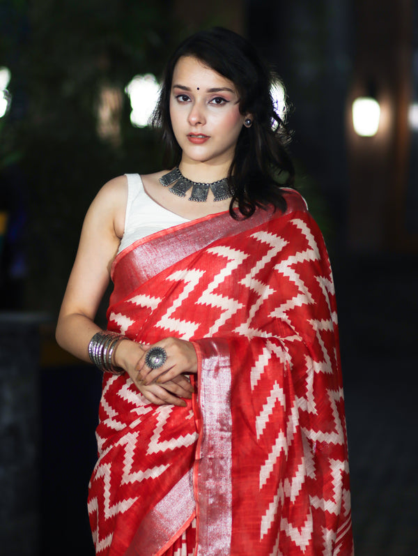 Bhagalpur Handloom Pure Linen Cotton Zig-Zag Pattern Saree-Red