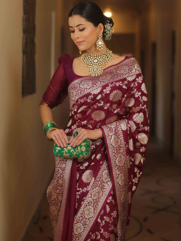 Banarasee Semi-Katan Zari Jaal Saree-Violet