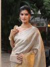 Banarasee Linen Tissue Metallic Shine Saree-Silver & Golden Yellow