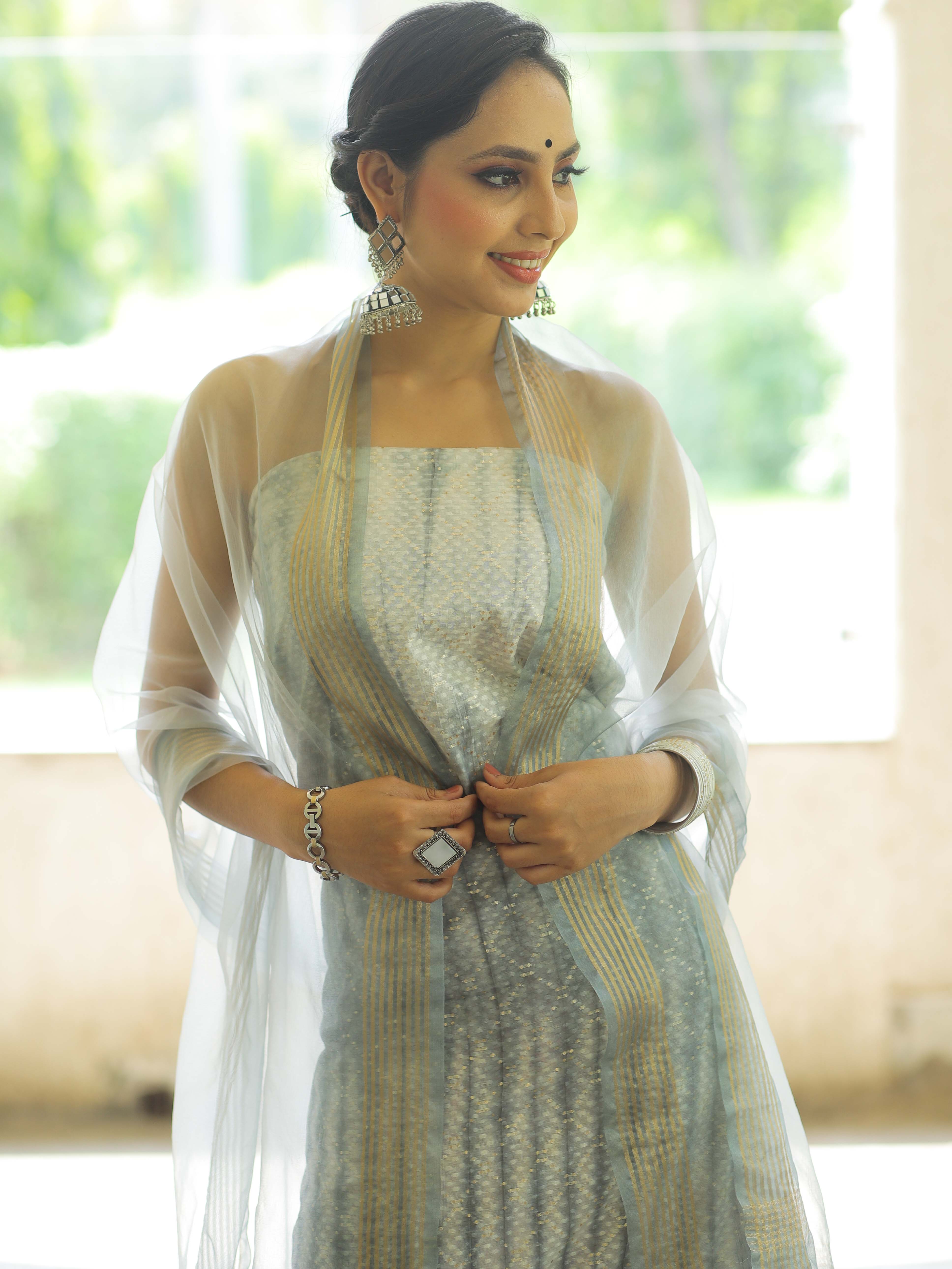 Banarasee Chanderi Cotton Zari Work Salwar Kameez With Dupatta-White & Grey