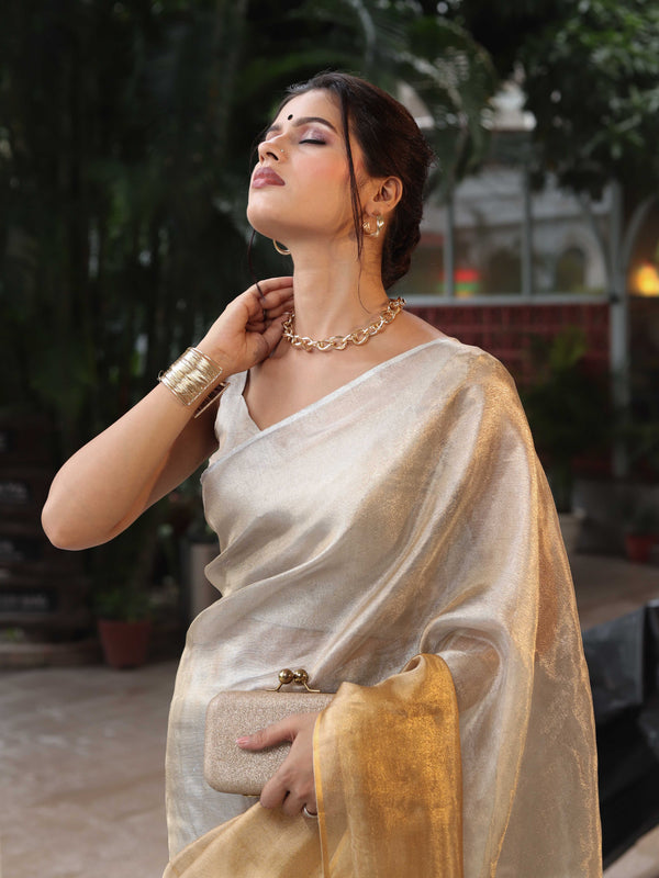 Banarasee Linen Tissue Metallic Shine Saree-Silver & Golden Yellow
