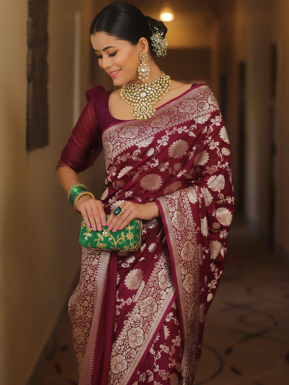 Maroon with Pink Semi Kathan Saree main image 0