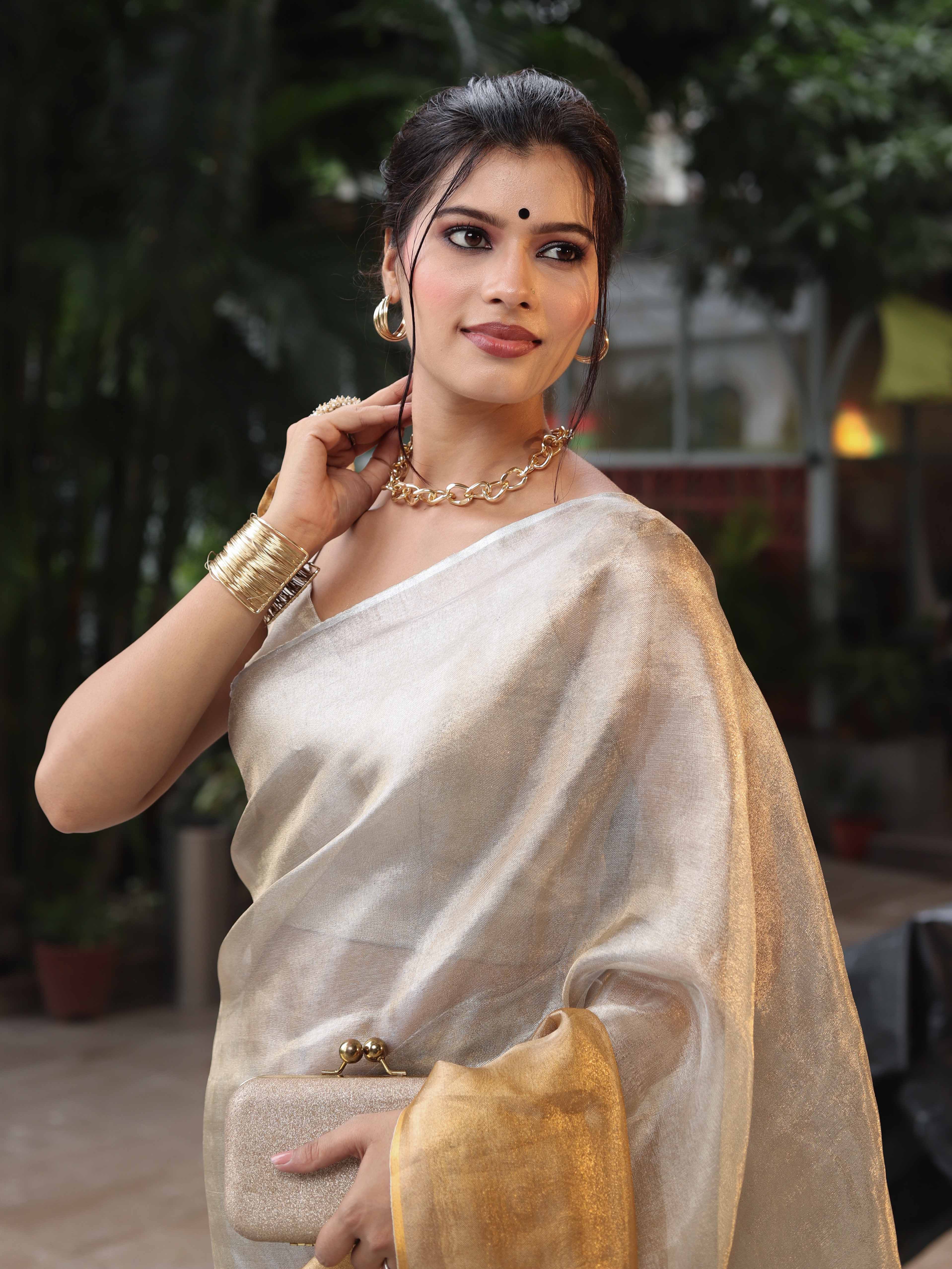 Banarasee Linen Tissue Metallic Shine Saree-Silver & Golden Yellow