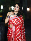 Bhagalpur Handloom Pure Linen Cotton Zig-Zag Pattern Saree-Red