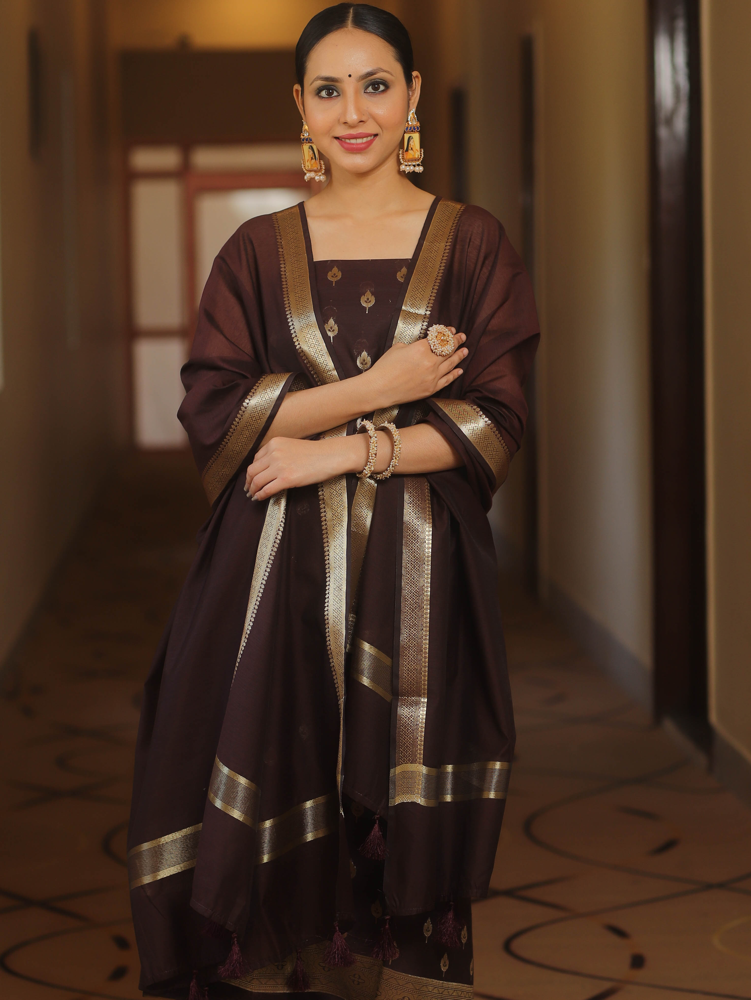 Banarasee Cotton Silk Zari Work Salwar Kameez Fabric With Plain Dupatta-Brown