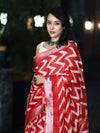 Bhagalpur Handloom Pure Linen Cotton Zig-Zag Pattern Saree-Red