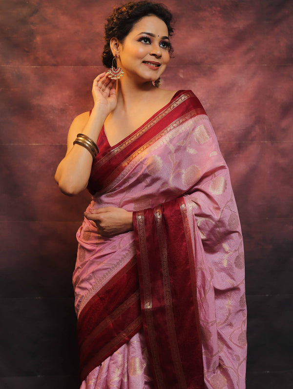 Banarasee Handwoven Semi Silk Saree With Jaal Design-Lilac