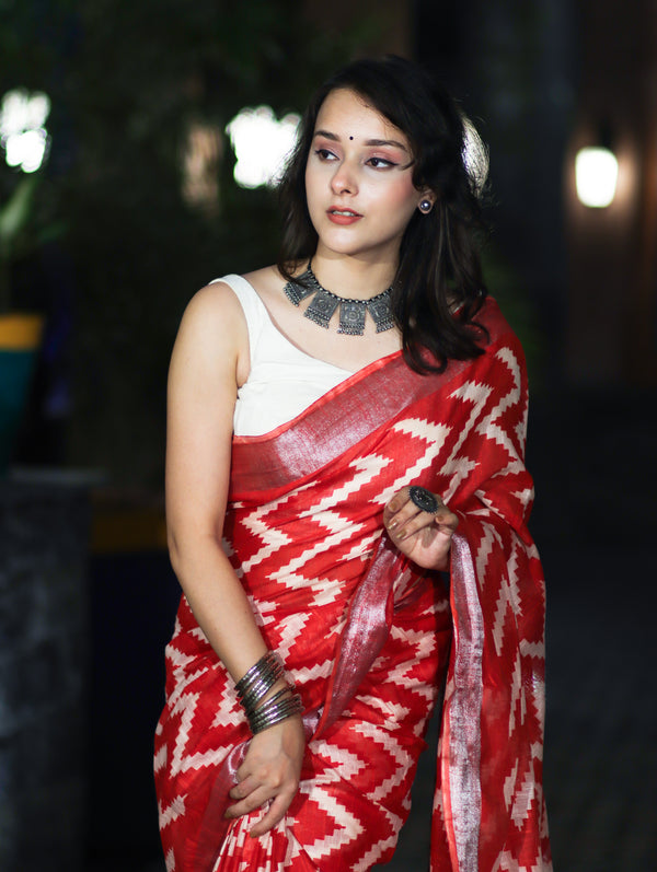 Bhagalpur Handloom Pure Linen Cotton Zig-Zag Pattern Saree-Red