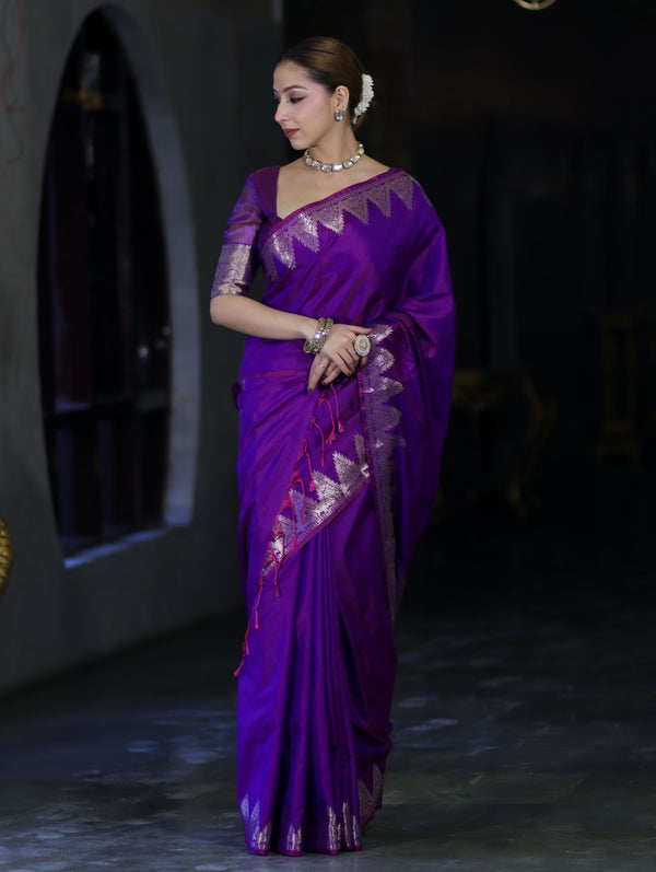Banarasee Handloom Dual Tone Semi Silk Saree With Zari Border-Violet