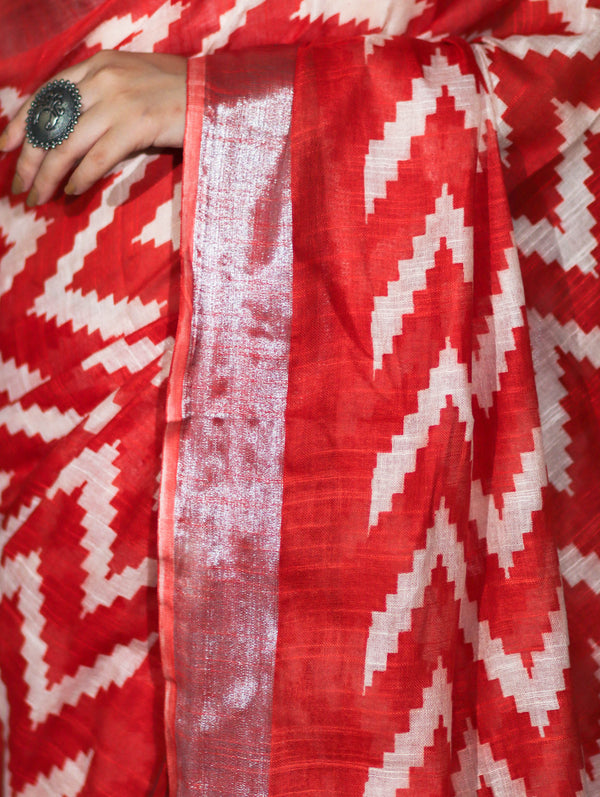 Bhagalpur Handloom Pure Linen Cotton Zig-Zag Pattern Saree-Red