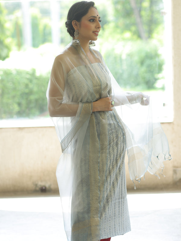 Banarasee Chanderi Cotton Zari Work Salwar Kameez With Dupatta-White & Grey