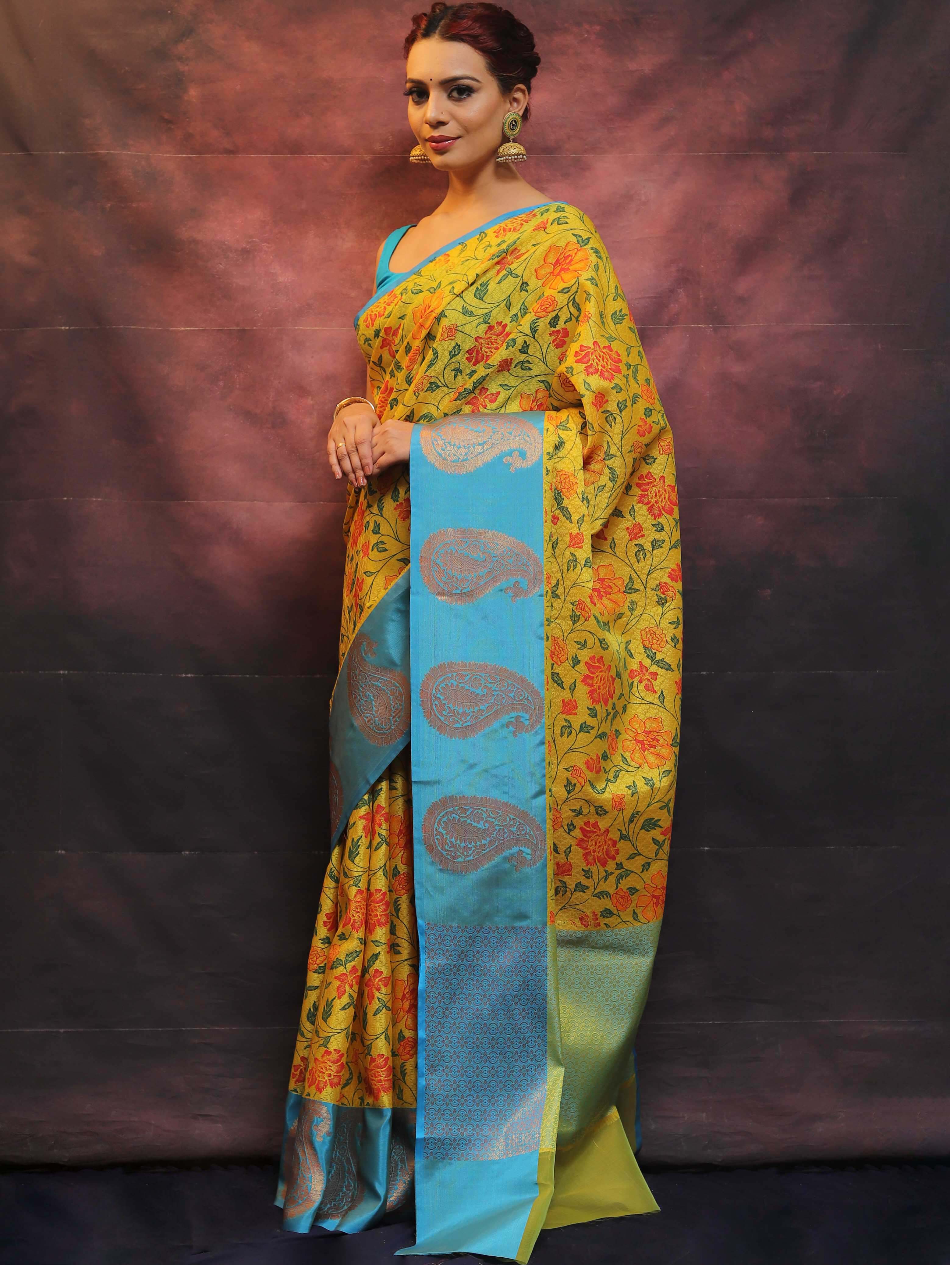 Banarasee Kora Muslin Saree With Printed Floral Design-Yellow & Blue