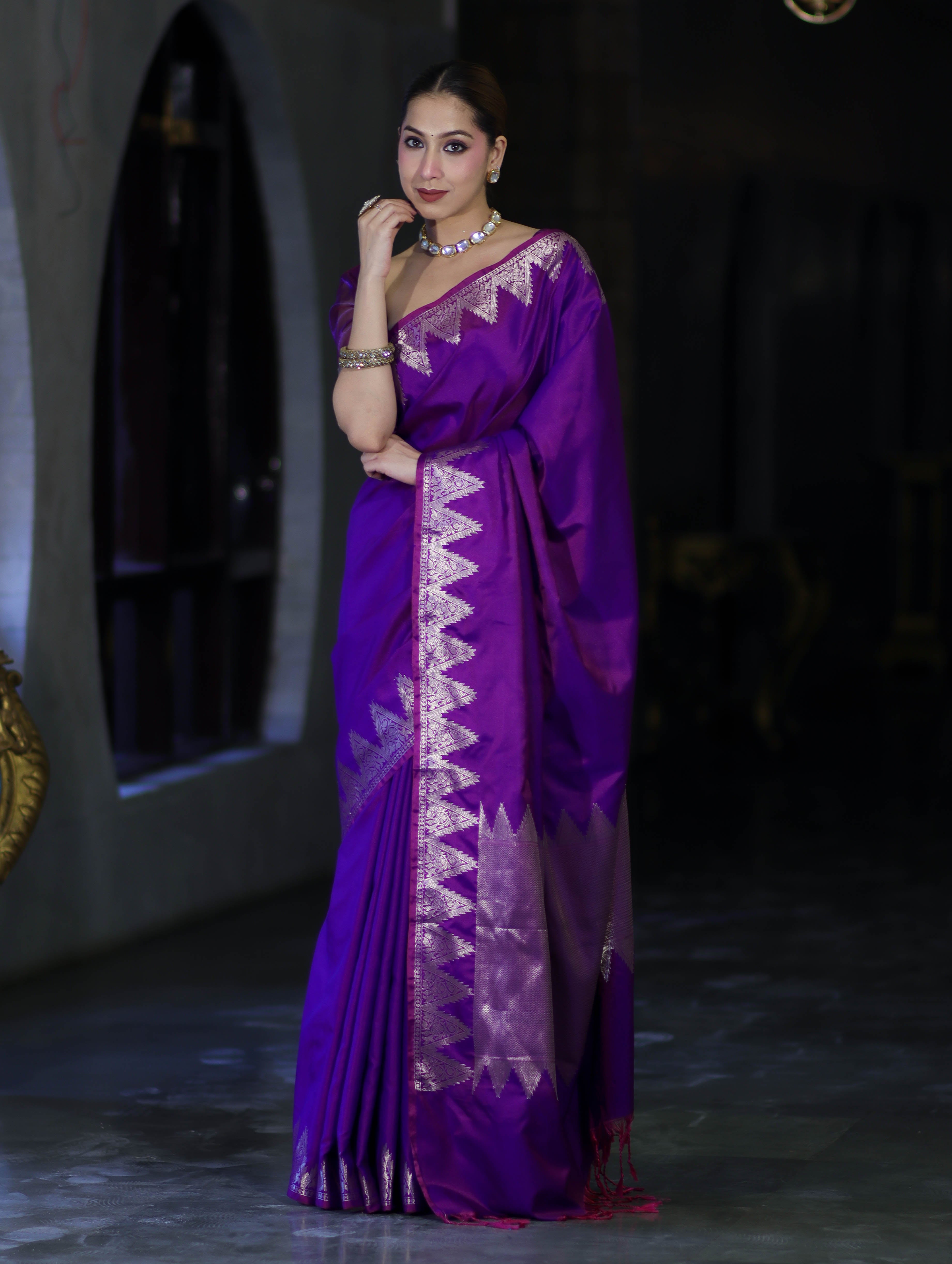 Banarasee Handloom Dual Tone Semi Silk Saree With Zari Border-Violet