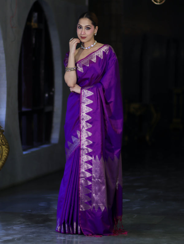 Banarasee Handloom Dual Tone Semi Silk Saree With Zari Border-Violet
