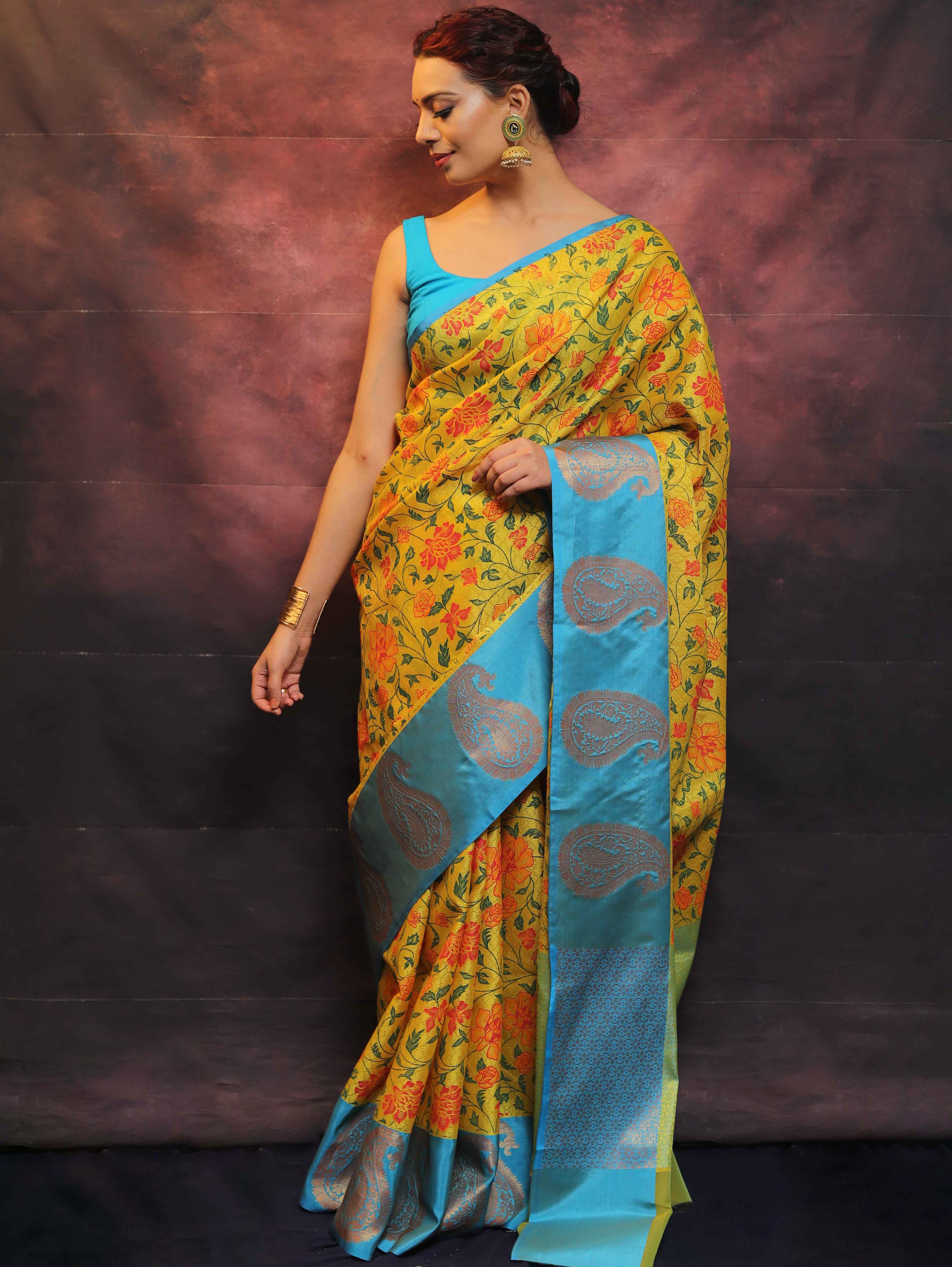 Banarasee Kora Muslin Saree With Printed Floral Design-Yellow & Blue