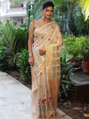 Bhagalpuri Handloom Pure Linen Floral Embroidered Saree-Beige