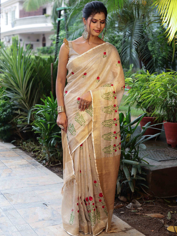 Bhagalpuri Handloom Pure Linen Floral Embroidered Saree-Beige