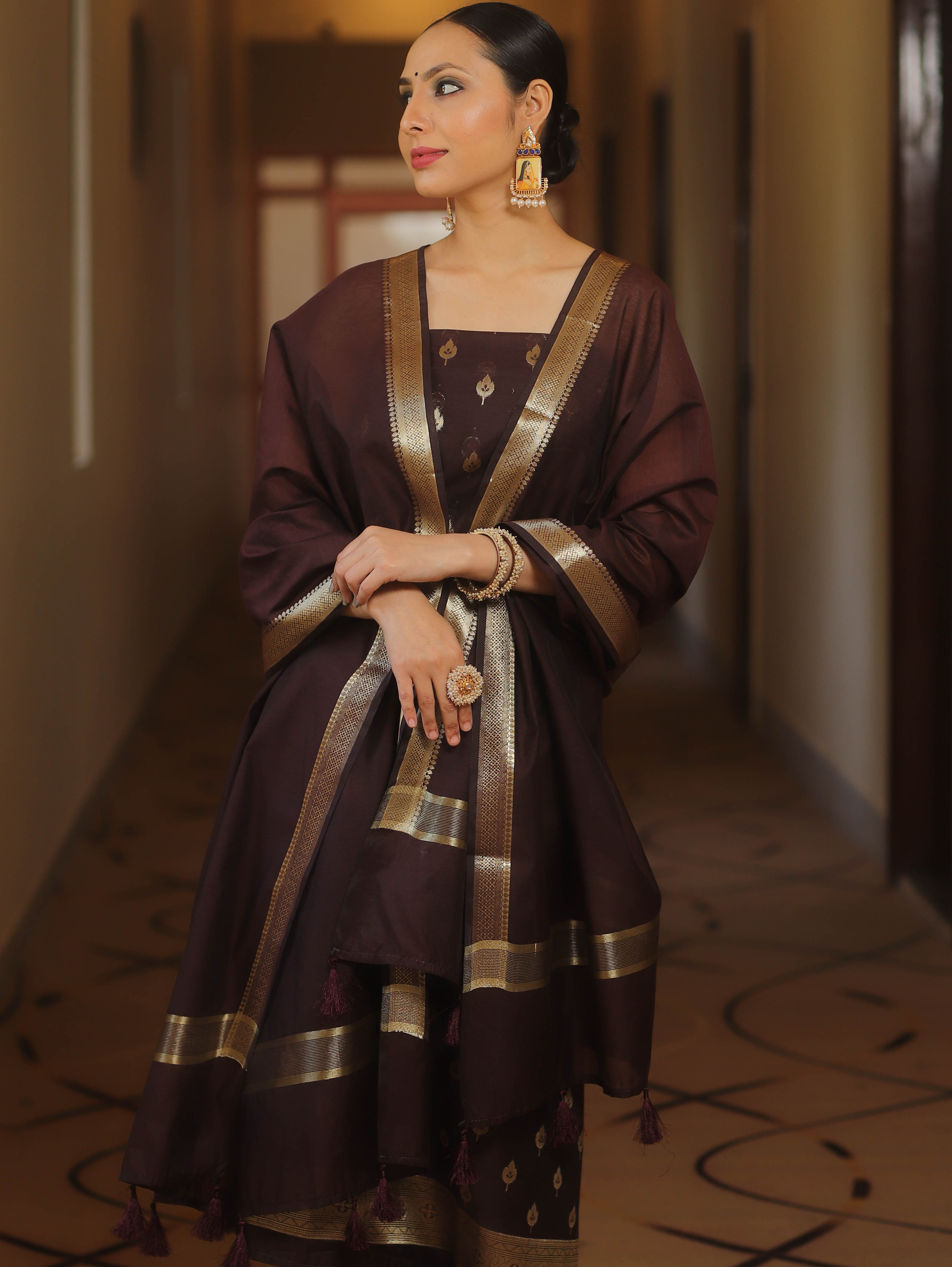Banarasee Cotton Silk Zari Work Salwar Kameez Fabric With Plain Dupatta-Brown
