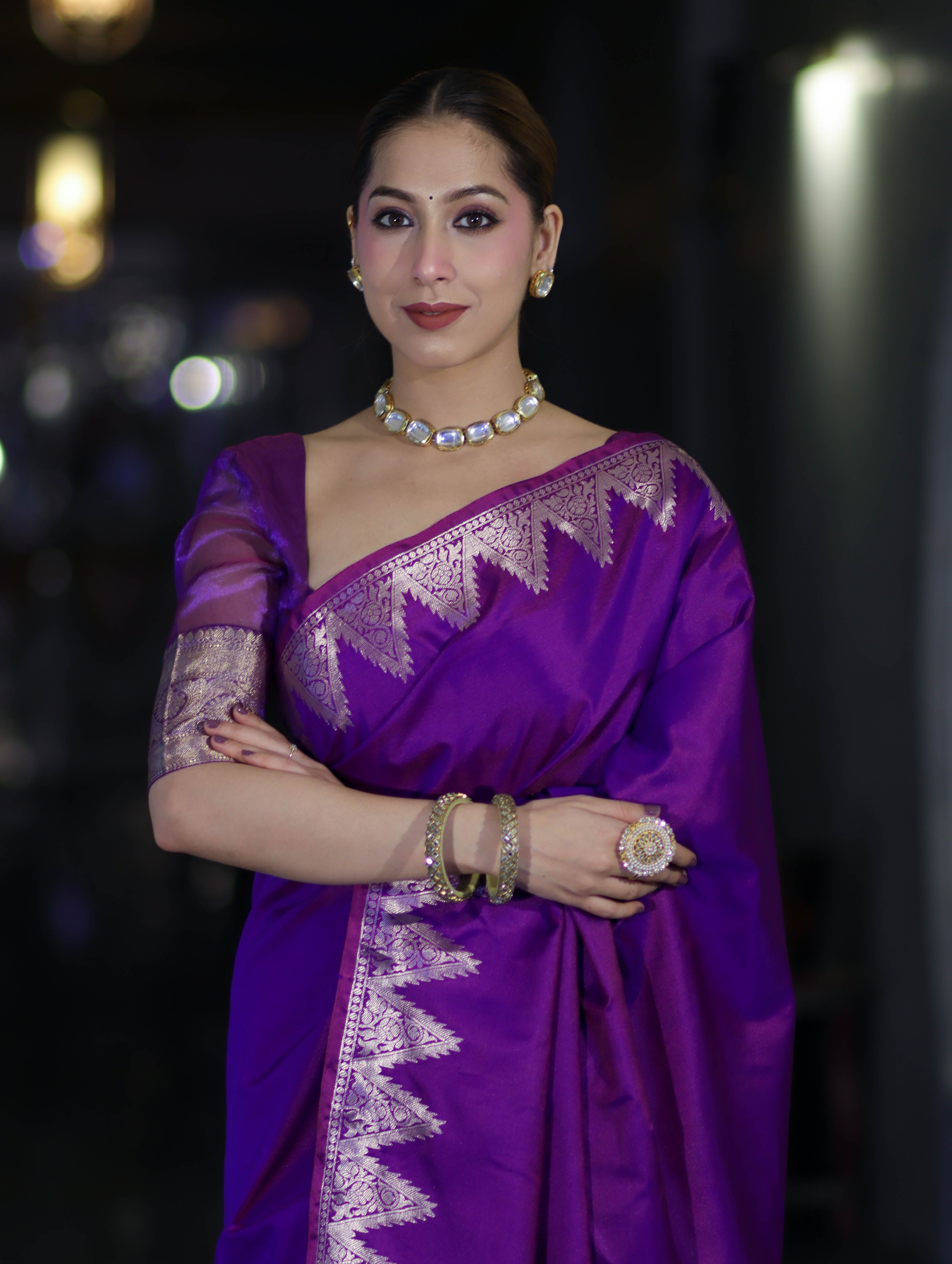 Banarasee Handloom Dual Tone Semi Silk Saree With Zari Border-Violet