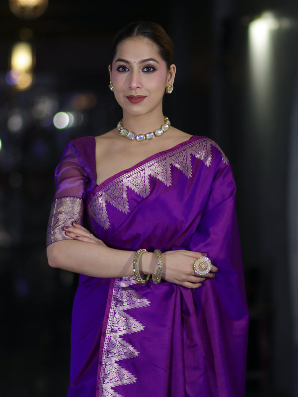 Banarasee Handloom Dual Tone Semi Silk Saree With Zari Border-Violet