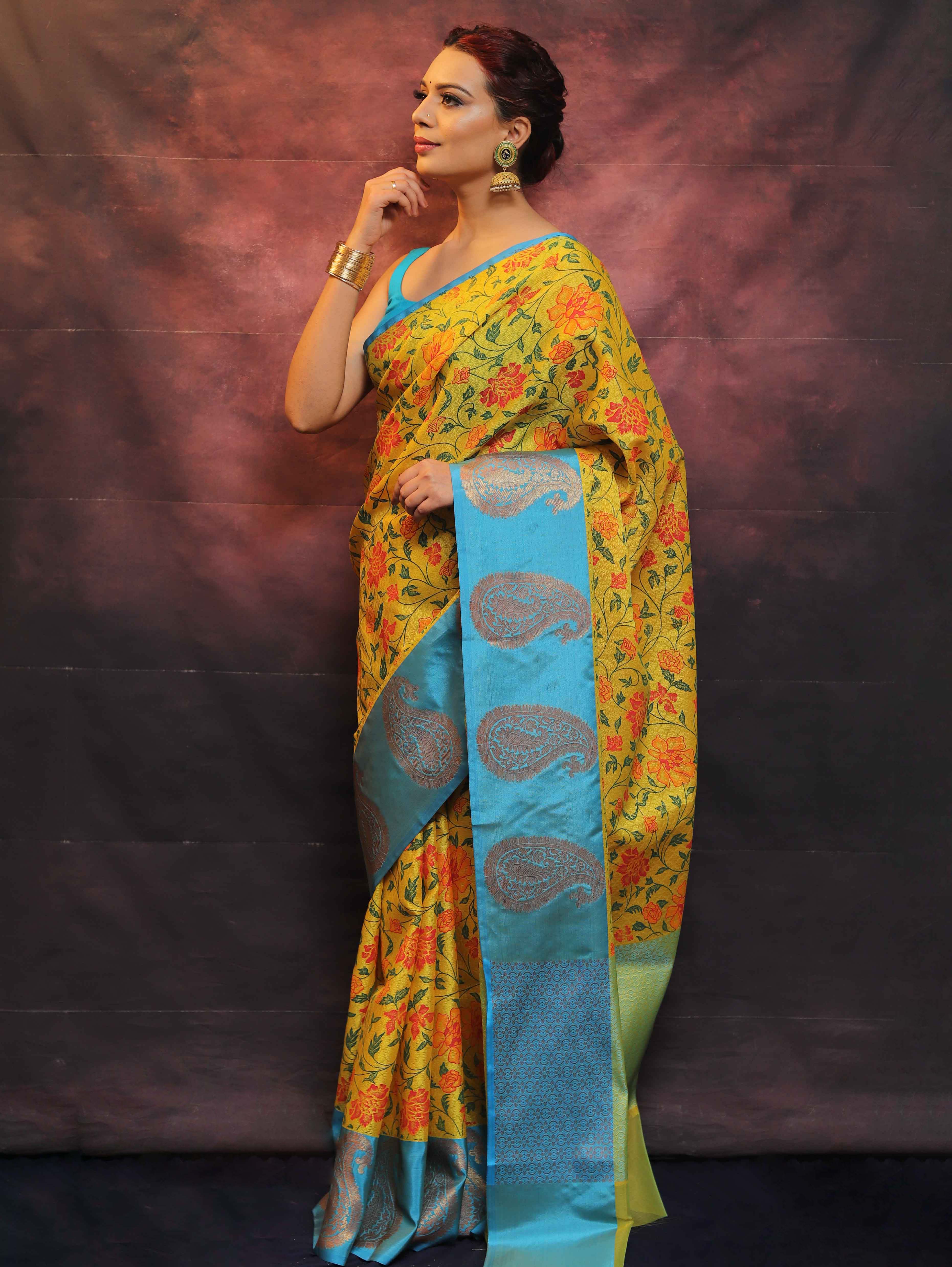 Banarasee Kora Muslin Saree With Printed Floral Design-Yellow & Blue