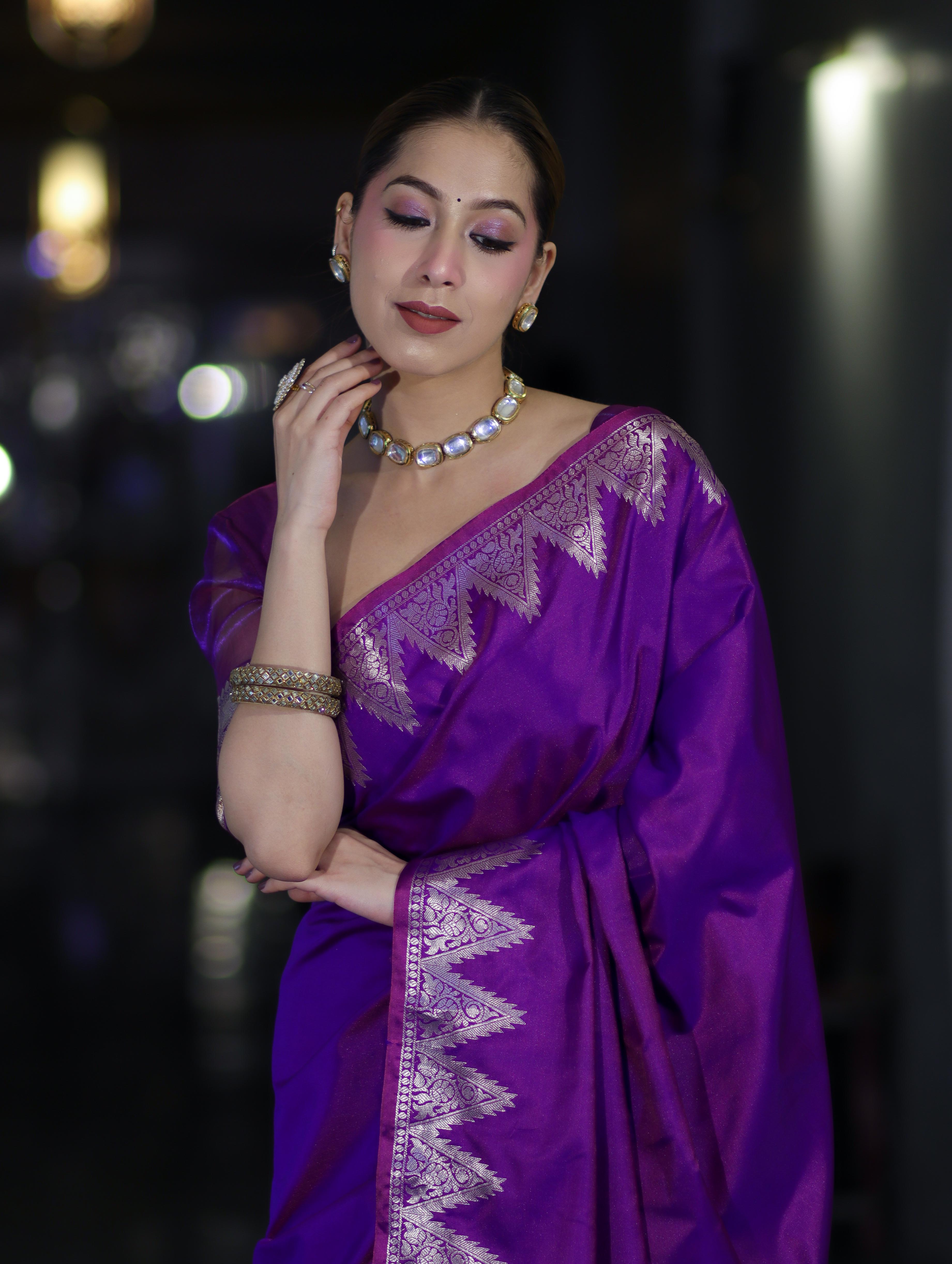 Banarasee Handloom Dual Tone Semi Silk Saree With Zari Border-Violet