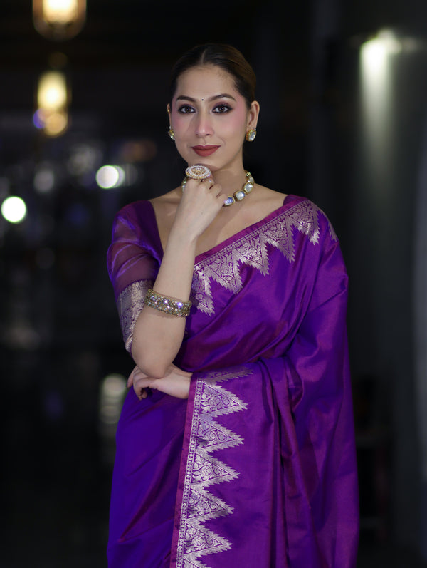 Banarasee Handloom Dual Tone Semi Silk Saree With Zari Border-Violet