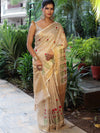 Bhagalpuri Handloom Pure Linen Floral Embroidered Saree-Beige