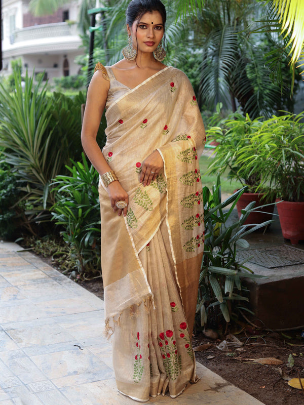 Bhagalpuri Handloom Pure Linen Floral Embroidered Saree-Beige