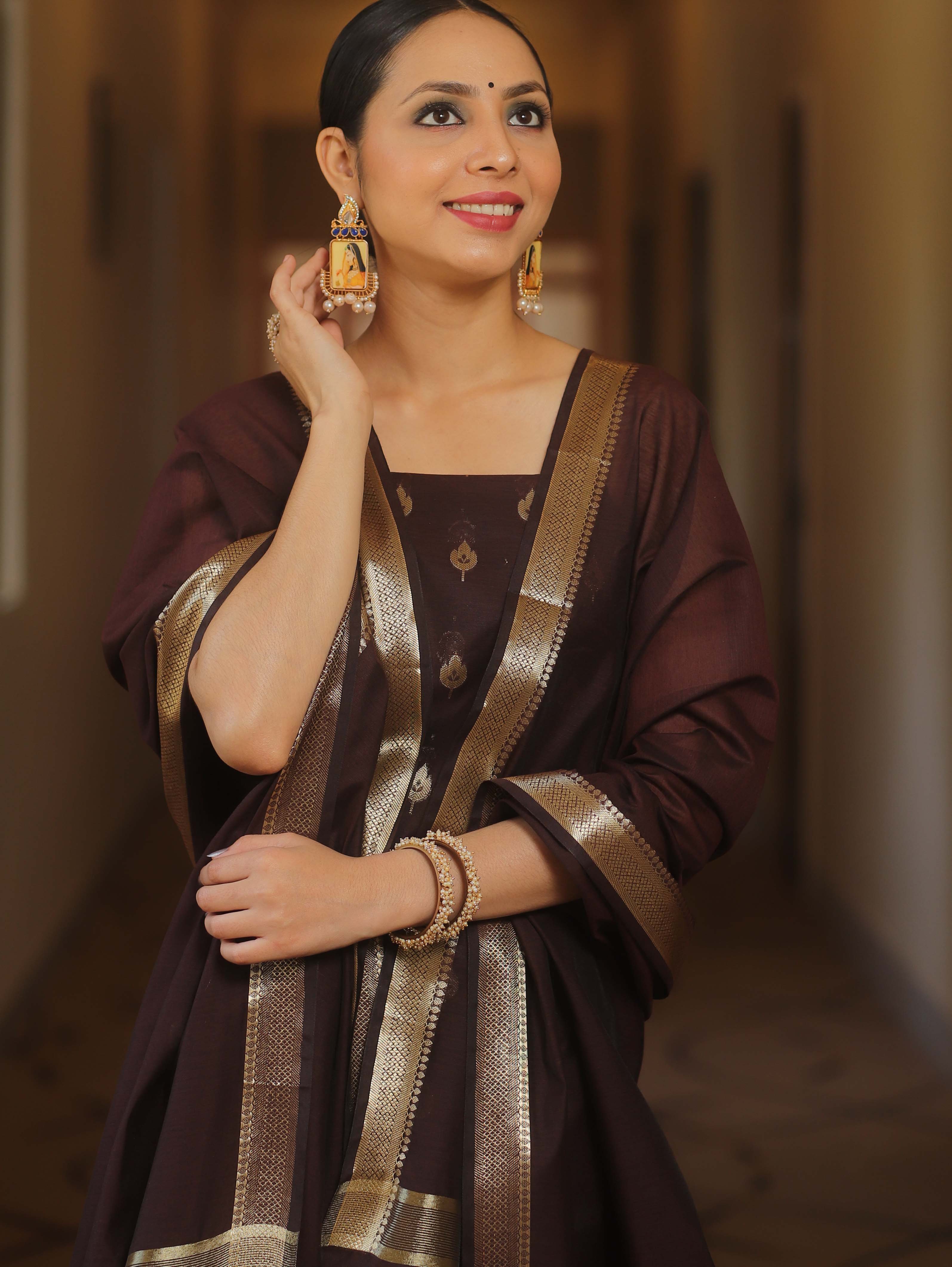 Banarasee Cotton Silk Zari Work Salwar Kameez Fabric With Plain Dupatta-Brown