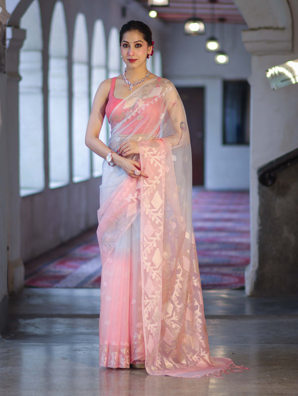 Banarasee Dual Color Organza Mix Saree With Resham & Zari Work-Peachy Pink & Off White